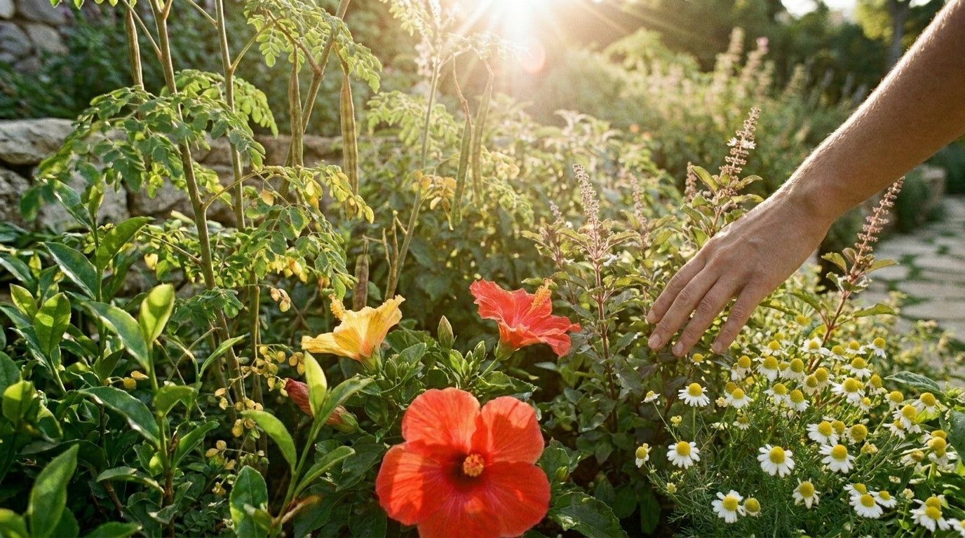Herbal garden with hibiscus and chamomile