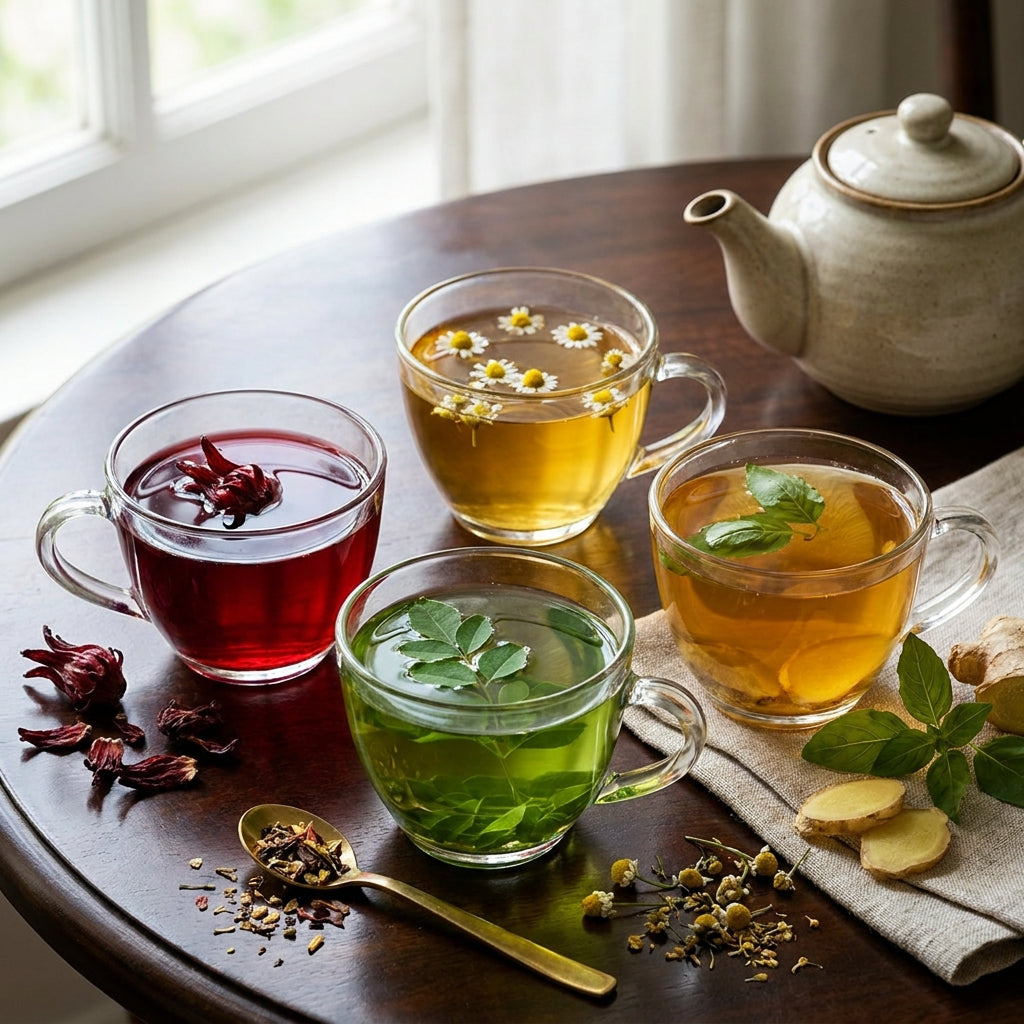 Assorted herbal teas in glass cups