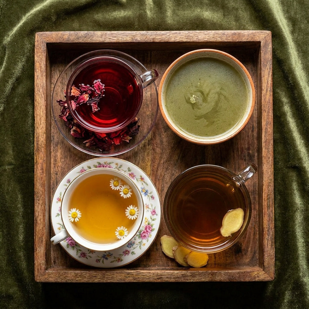 Premium herbal tea assortment on a wooden tray